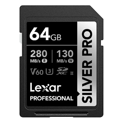 Afbeelding van Lexar Silver Pro SD kaart 64 GB, UHS II geheugenkaart, V60, U3, C10, SDXC kaart, tot 280 MB/s lezen, voor professionele fotograaf, videograaf, liefhebber (LSDSIPR064G BNNAA), zwart