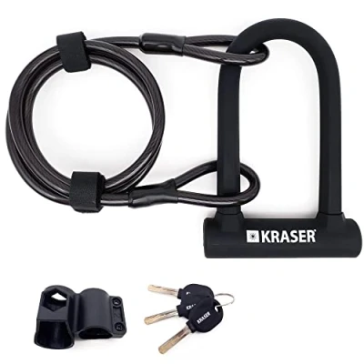 Afbeelding van KRASER KR65145B Beugelslot Universal Fietsslot U Hoge beveiliging + Flex Stalen Kabel 120cm Montagebeugel