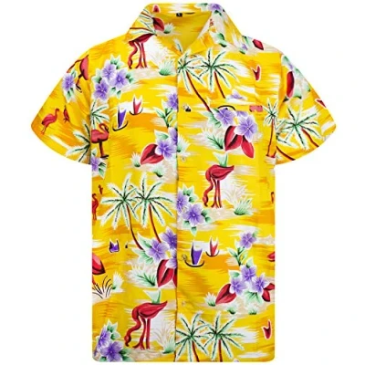 Afbeelding van King Kameha Heren strandshirt korte mouwen Casual Button Down Hawaii vakantie, Funky flamingos design geel, XL
