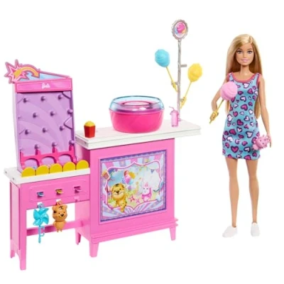Afbeelding van Barbie Mysteries: Beach Detectives &#039;Malibu&#039; pop en kraampje met spellen suikerspin, speelset 20 accessoires, waaronder prijzen, JFV67