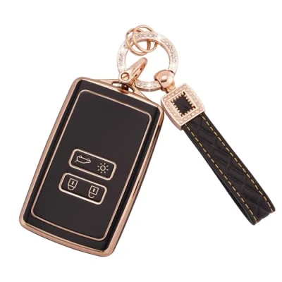 Afbeelding van Koaudb Autosleutel TPU Protector Fit voor Clio Megane Koleos Kadjar Talisman Captur Espace Dacia Duster 4 Knoppen Keyless Smart Card Case met Lederen Sleutelhanger Lanyard Zwart Goud (BP Rnl)