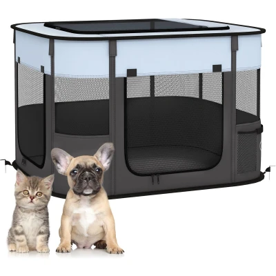 Afbeelding van PawHut Puppyren ren met deuren, ramen, opvouwbare box, ademend net, voor kleine honden onder 4 kg en dieren, binnen buiten, 74 x 60 45 cm, grijs