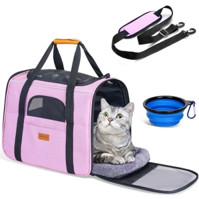 Afbeelding van morpilot Transportbox kat katten transportboxen, opvouwbare kattentas transporttas, hondendraagtas transporttas met verstelbare schouderriem kattenbox voor kleine hond puppy roze