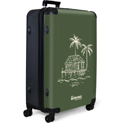Afbeelding van NoBoringSuitcases.com® Koffer groot Reiskoffer lichtgewicht Groen met beige strandhuis Rolkoffer 4 wielen Grote trolley XL 98 liter bagage