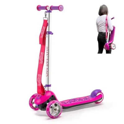 Afbeelding van TRUNKI Opvouwbare step met 3 wielen voor kinderen, sleepriem, draagriem en scootertas (groot, roze)