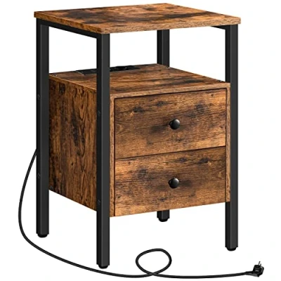 Afbeelding van HOOBRO Nachtkastje, salontafel met stopcontacten en USB poorten, bijzettafel laden legplank voor kleine ruimtes, woonkamer, slaapkamer, eenvoudig te monteren, vintage EBF43CBZ01G2