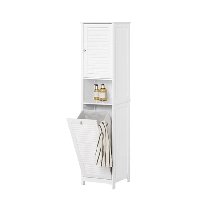 Afbeelding van SoBuy Badkamer Kolomkast Badkamerkast Hoge Kast Staande met 1 Deur, Lade en Uitneembare Wasmand, Opbergkast Opbergplank voor Badkamer, 40x37x170cm, Grijs, BZR124 DG