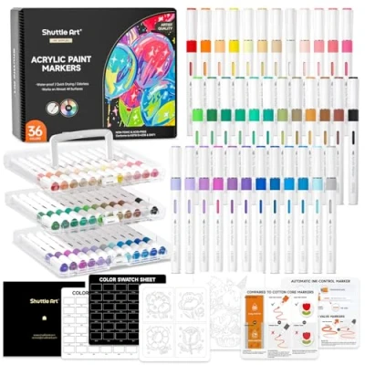 Afbeelding van Shuttle Art Automatische inktcontrole acrylverfpennen, 36 kleuren penseelpunt, verfstiften, verfpen voor rotsschildering, keramiek, hout, stof, glas, steen, kunstmarkeerstiftenset doe het zelf en