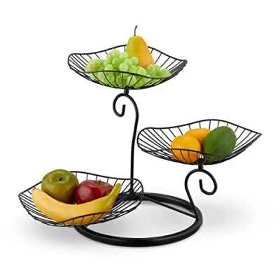 Afbeelding van Relaxdays fruitschaal etagère 3 lagen grote fruitmand zwart metaal apart keuken