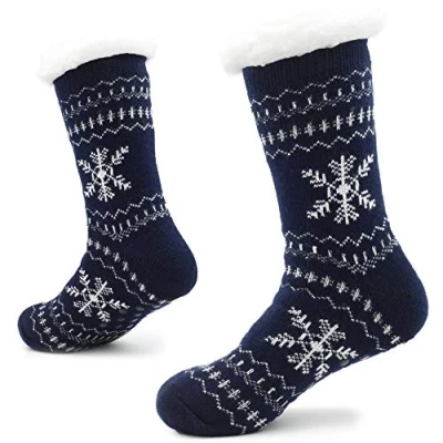Afbeelding van Gebreide Slipper Sokken voor Mannen met Sherpa Wollaag Bed Slippers Man Antislip Noors Patroon 8 11 (Snowflake Blauw)