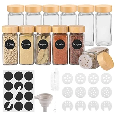 Afbeelding van Withosent 120ml kruidenpotjes set van 12 stuks, vierkante met bamboe deksel, kruidenstrooier schroefdop, glazen kruidencontainer, kruidenopslag sproeierinzet, etiketten