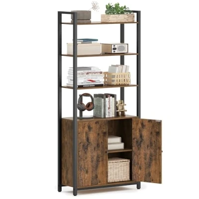 Afbeelding van VASAGLE 6 laags verticale boekenkast met deur, metalen frame, verstelbare planken, 24 x 60 159,5 cm, voor woonkamer, slaapkamer, rustiek bruin en inktzwart LLS133K01