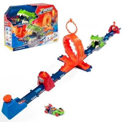 Afbeelding van T Racers Mix &#039;N Race Volcanosaurus Piste voor speelgoedauto&#039;s, bevat 1 trigger, 3 pistes, exclusieve pyrosaurus auto, 4 acrobatiek