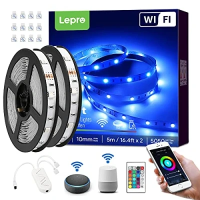 Afbeelding van Lepro Ledstrip Alexa 10 m, 2 x 5 RGB dimbaar, 300 leds, wifi ledstrip, zelfklevend, superheldere lichtstrip, lichtketting, strepen met afstandsbediening, compatibel Alexa, app, Google Home