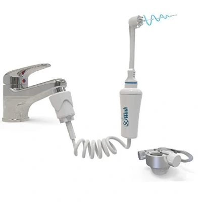 Afbeelding van SoWash Dental Monddouche Travel Aansluiting op de kraan Sprinkler zonder batterijen en stroom met reisadapter + test. Wervel 3 convergerende sproeiers Italiaans product