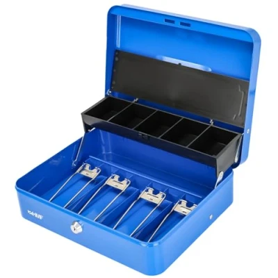 Afbeelding van HMF 15230 05 geldcassette afsluitbaar met munteninzetstuk en 4 vakken voor bankbiljetten klem, 30 x 24 9 cm, blauw