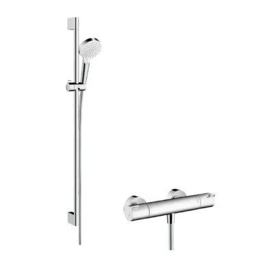 Afbeelding van Hansgrohe crometta vario ecostat 1001 cl douchecombinatie 900mm glijstang handdouche thermostaat slang chroom wit 27813400