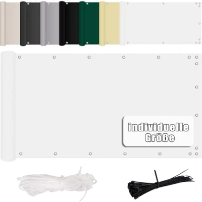 Afbeelding van MENGH Balkonscherm, inkijkbescherming, 50 x 650 cm, windscherm, wind en uv bescherming, 100% privacy, voor tuinhek, balkonhek, wit