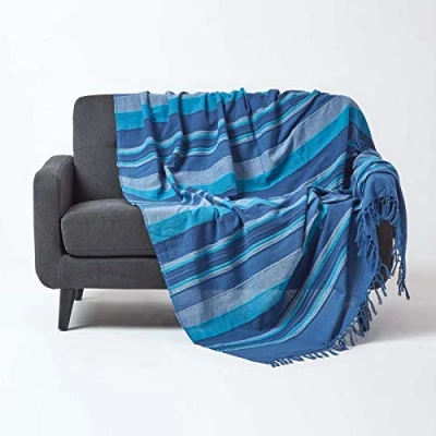 Afbeelding van Homescapes Morocco Gestreepte Katoen deken Blauw XXL handgeweven met franjes 255 x 360 cm