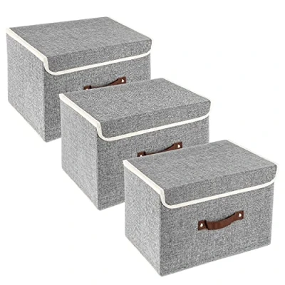 Afbeelding van TYEERS Opvouwbare Opbergdoos met Deksel, Stof, Afwasbaar, Opbergbak 38x25x25 cm, Set van 3, Grijs