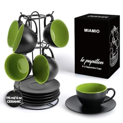 Afbeelding van MIAMIO 6 x 175 ml Cappuccino kopjes/Cappuccino kopjes set buitenkant zwart binnenkant gekleurd Collectie Le Papillon (Groen)