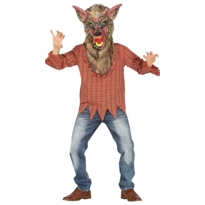 Afbeelding van Guirca Weerwolf Kostuum Nachthuiler Wouter Wolf Kind Rood, Bruin 10 12 jaar Halloween Verkleedkleding