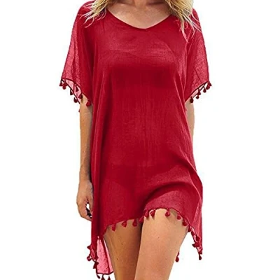 Afbeelding van FFWTPY Strandjurk voor dames, chiffon, zomer, strandponcho, badpak, bikini cover ups met kwastjes, boho strandtuniek, transparant, strandvakantie, bikini, beachwear, rood