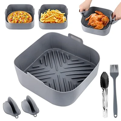 Afbeelding van JOPHEK siliconen vorm voor heteluchtfriteuse, 20 cm airfryer accessoires, accessoires heteluchtfriteuse met twee ovenhandschoenen + voedseltongs olieborstel