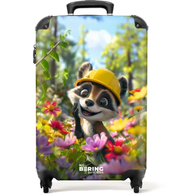 Afbeelding van NoBoringSuitcases.com® Kinderkoffer Kindertrolley Wasbeer Bloemenveld Handbagage koffer lichtgewicht Reiskoffer trolley Rolkoffer met wieltjes Past binnen 55x40x20 en 55x35x28