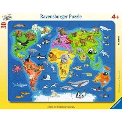 Afbeelding van RAVENSBURGER Puzzel Wereldkaart met dieren, 30 stukjes
