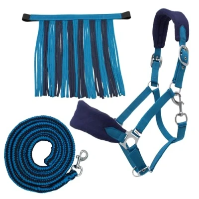 Afbeelding van PFIFF 103103 Halsterset &quot;Sunny&quot;, 3 delige set van halster, gebreid en vliegenfranjes, individueel aanpasbaar, blauw lichtblauw, pony