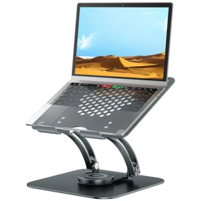 Afbeelding van roterende laptopstandaard, Tounee verstelbare computerstandaard met 360 draaibaar, ergonomische laptop stijgcomputer bureauhouder grijs