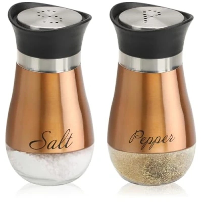 Afbeelding van COM FOUR® 2 delige zout en peperstrooierset van roestvrij staal glas kruidendispenser kruidencontainer met etiket shaker voor kruiden in keuken horeca (2 set koperkleurig)