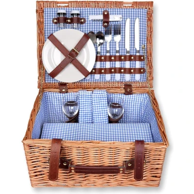 Afbeelding van Picknickmand 40x30x20cm rechthoekig van wilgenhout voor 2 personen picknickkoffer picknickset picknick mand binnen blauw geruit