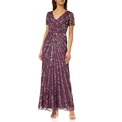Afbeelding van Maya Deluxe Maxi dames verfraaid pailletten jurk lange korte mouw V hals hoge Empire taille een cut glanzend prom bruiloft bruidsmeisje, Bessen, 40