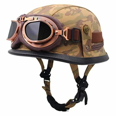 Afbeelding van Vintage Duitse Lederen Motorfiets Halve Helm,ECE Goedgekeurde Heren Dames Open Helm Met Verstelbare Snelsluiting Half Shell +Bril Voor Cruiser Scooter 7,L