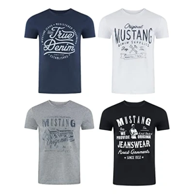 Afbeelding van Mustang Set van 4 heren T shirts met print op de voorkant en ronde hals, Kleurmix blauw zwart, (P7), 3XL