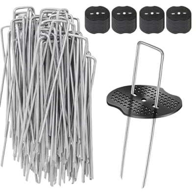 Afbeelding van Heavy Duty metalen tuinharingen 50 stuks, 150 mm membraanharingen + bufferringen voor onkruidbestrijdingsstof en kunstgras