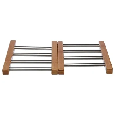 Afbeelding van Uitschuifbare/verstelbare pannen onderzetter bamboe/RVS 21 x 22 cm Panonderzetters