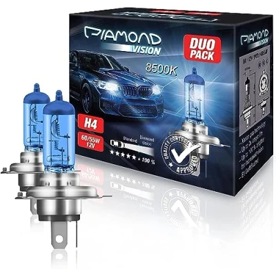 Afbeelding van Diamond Vision 2 x H4 12V 60/55W Xenon Look Halogeen autolampen 8500K Super Ultra White tweemaal zo duurzaam duobox E keurmerk P43t