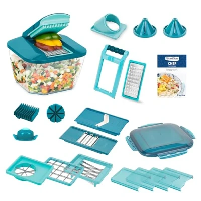 Afbeelding van Nicer Dicer Chef Professional groentescheder 23 delig groenteschaaf handmatig met 5,2 l grote opvangbak vershouddeksel, spiraalinzetstukken, tomatensnijder, julienne, slasnijder receptenboek