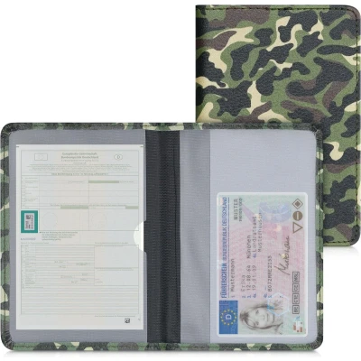 Afbeelding van kwmobile hoes voor kentekenbewijs en rijbewijs Omslag met pasjeshouder in donkergroen / donkerbruin beige Imitatieleer Camouflage design