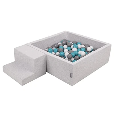 Afbeelding van KiddyMoon schuimspeelplaats voor kinderen met vierkante ballenbak (200 ballen), lichtgrijs: grijs / wit turquoise