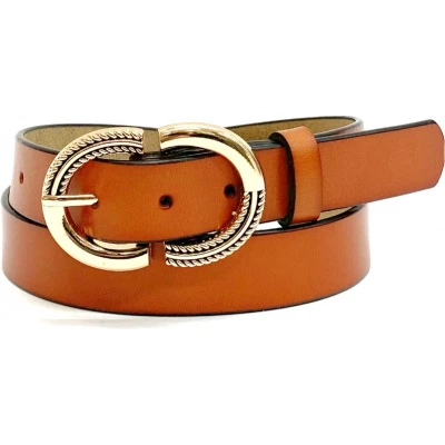 Afbeelding van Cognac Leren Riem Ovale Gouden Gesp Trendy Dames Riemen 85 cm Siergesp Chique