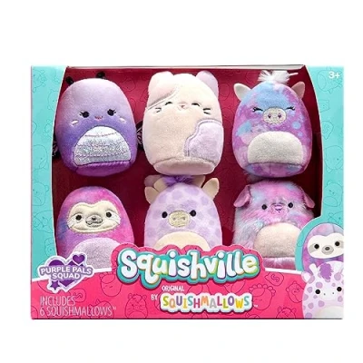 Afbeelding van Squishville by Original Squishmallows Purple Pals Squad Pluche 6 cm pluche, waaronder Bashira, Mollie, Carlota, Patrick, Rita en Jazzy Speelgoed voor kinderen