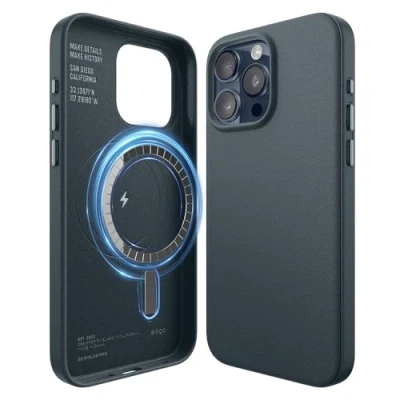 Afbeelding van elago Magnetische Leren Hoesje Compatibel met iPhone 15 Pro Max Case, MagSafe, Veganistisch PU Leer, Sterke Magneten, Volledige Lichaamsbescherming [5 laags structuur] (Blauw)