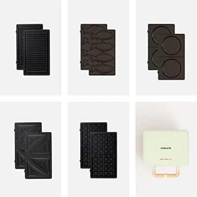 Afbeelding van CREATE/STONE 3 IN 1 + 5 PLATEN/Tosti ijzer, grill en wafels maker Pastelgroen/Met verwisselbare platen Taiyaki Plaat Pannenkoek