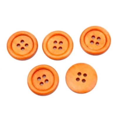 Afbeelding van 15 prachtige houten knoppen 2,5 cm oranje bruin rond, 4 gats knop 25 mm voor het naaien knopen van hout, jasknopen mantelknopen vier gaten viergaten