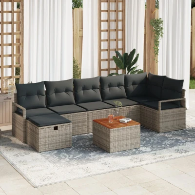 Afbeelding van vidaXL 8 delige tuinbankset met kussens Grijs Poly Rattan