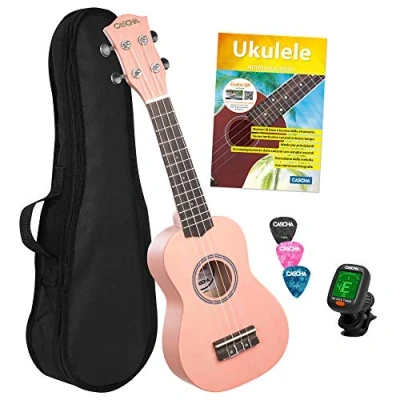 Afbeelding van CASCHA Sopraan Ukelele set Italiaans voor kinderen en volwassenen, starterset met 3 plectrums, tas, leerboek, leervideo&#039;s via QR code, stemapparaat, aquila snaren, kleine Hawaï gitaar, roze/roze